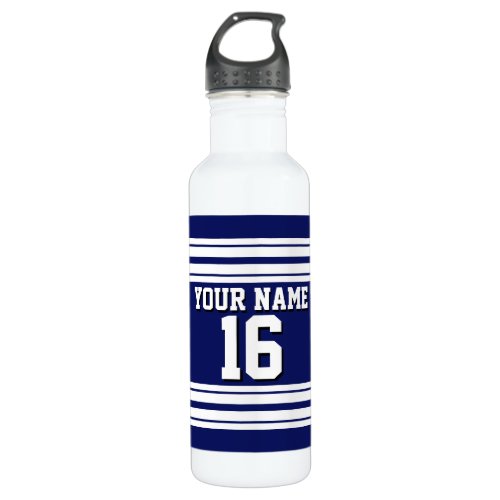 Navy Blue White Team Jersey Custom Number Name Water Bottle