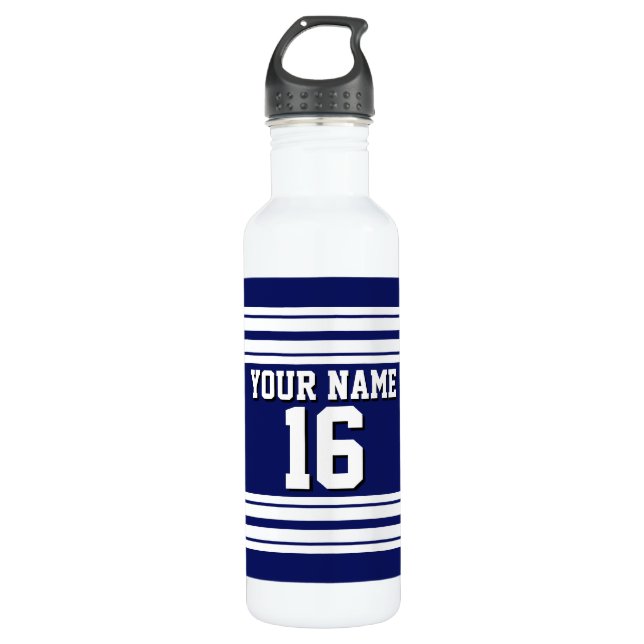 Navy Blue White Team Jersey Custom Number Name Water Bottle (Front)