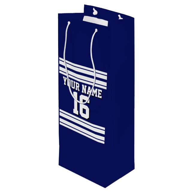 Navy Blue White Team Jersey Custom Number Name Wine Gift Bag (Back Angled)