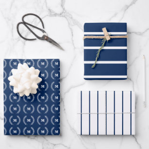 Navy Blue White Thin Stripes Initial Monogram Wrapping Paper Sheets