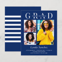Navy Blue White Three Photo Graduation Invitation