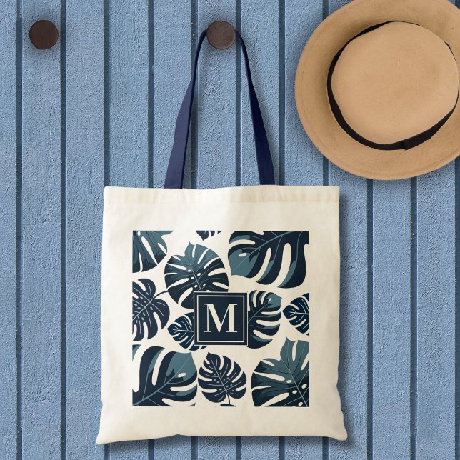 Navy Blue & White Tropical Monstera Leaf  Tote Bag (Creator Uploaded)