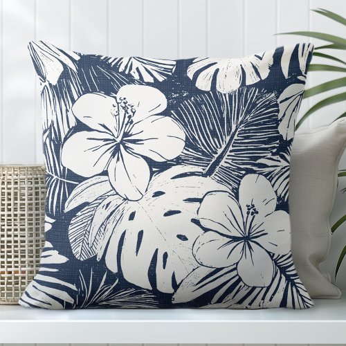 Navy Blue  White Tropical Throw Pillow