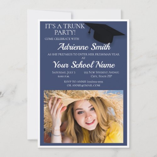 Navy Blue White Trunk College Party Photo Invitation