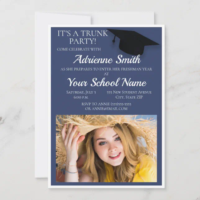 Navy Blue White Trunk College Party Photo Invitation | Zazzle