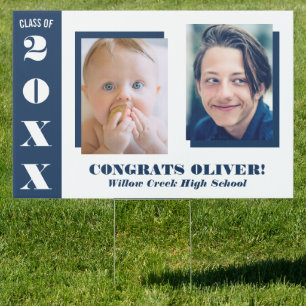 Navy Blue White Two Photos Graduation Sign