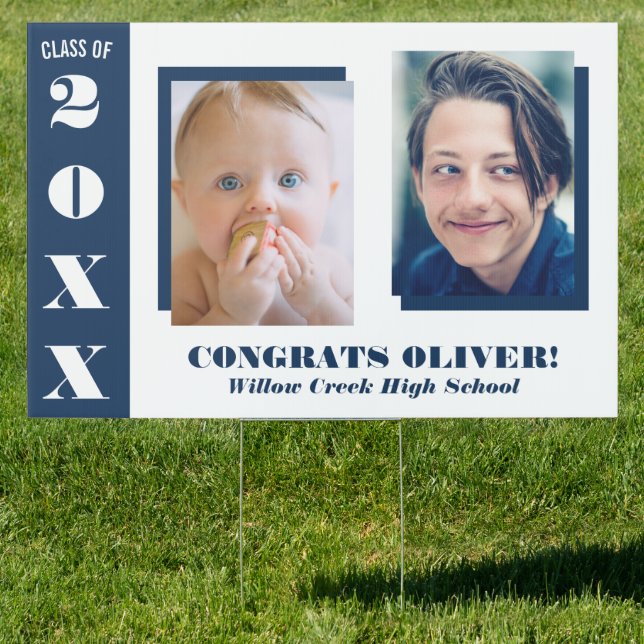 Navy Blue White Two Photos Graduation Sign (Insitu)