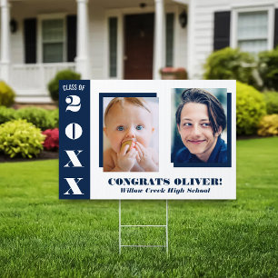 Navy Blue White Two Photos Graduation Sign
