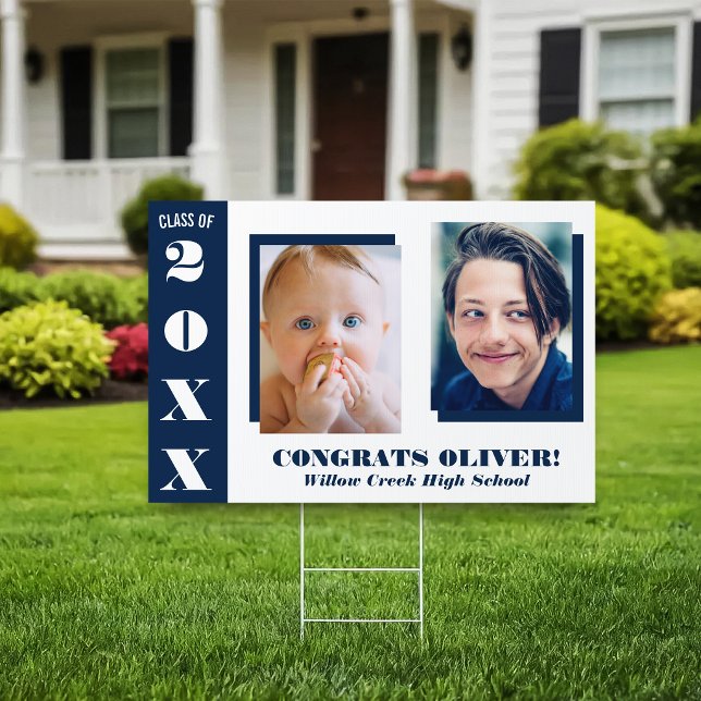 Navy Blue White Two Photos Graduation Sign (Creator Uploaded)