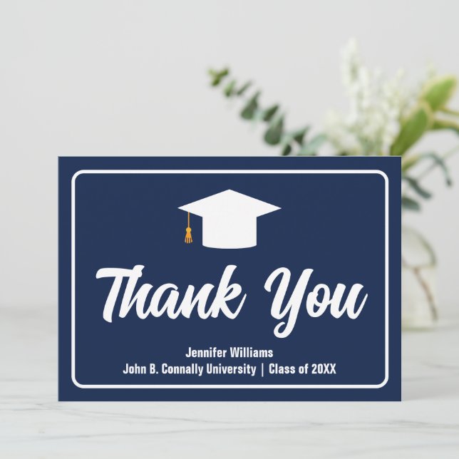 Navy Blue White Typography Custom Graduate Thank You Card (Standing Front)