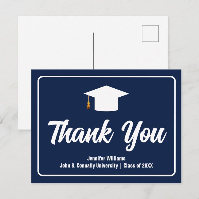Navy Blue White Typography Graduation Thank You Postcard (Front/Back)