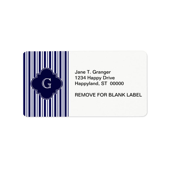 Navy Blue White Uneven Stripes Navy Monogram Label (Front)