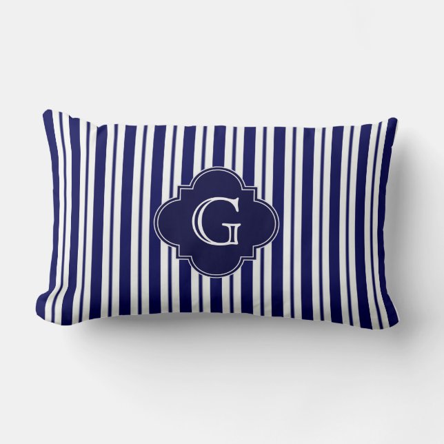 Navy Blue White Uneven Stripes Navy Monogram Label Lumbar Pillow (Front)