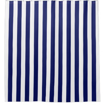 Navy Blue White Vertical Stripe Nl #0 Shower Curtain by FantabulousPatterns at Zazzle
