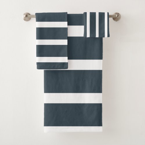 Navy Blue White Vertical Stripes Pattern Bath Towel Set