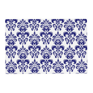 Navy Blue, White Vintage Damask Pattern 2 Placemat