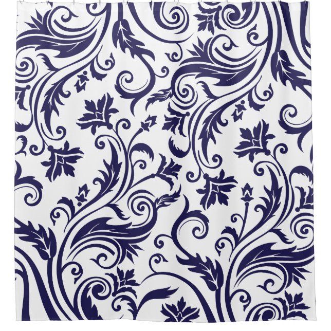 Navy Blue White Vintage Damask Pattern Shower Curtain (Front)