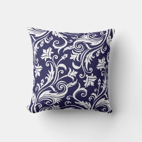 Navy Blue White Vintage Damask Pattern Throw Pillow