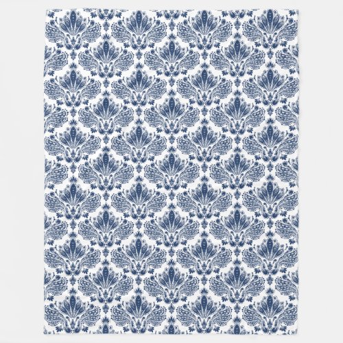 Navy Blue  White Vintage Floral Damasks Fleece Blanket