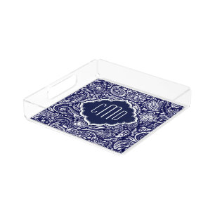 Navy Blue & White Vintage Floral Paisley Pattern Acrylic Tray