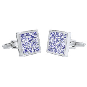Navy Blue & White Vintage Floral Paisley Pattern Silver Cufflinks