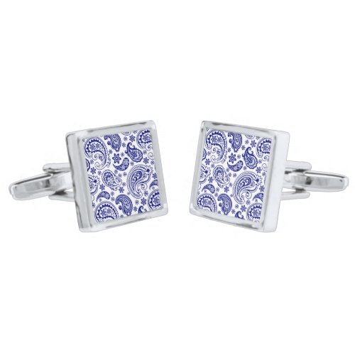 Navy Blue  White Vintage Floral Paisley Pattern Silver Cufflinks