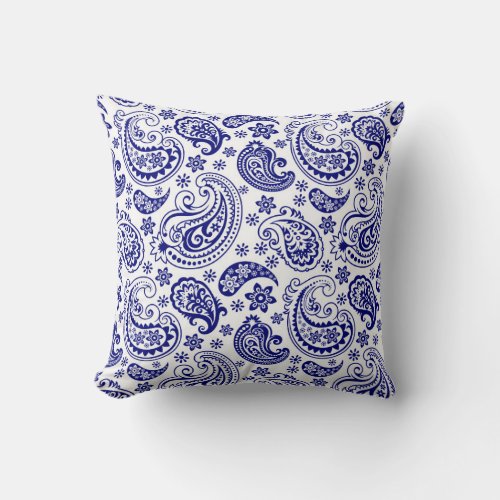 Navy Blue  White Vintage Floral Paisley Pattern Throw Pillow