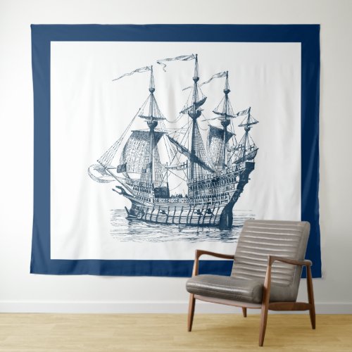Navy_blue  white vintage wind_sailing boat tapestry
