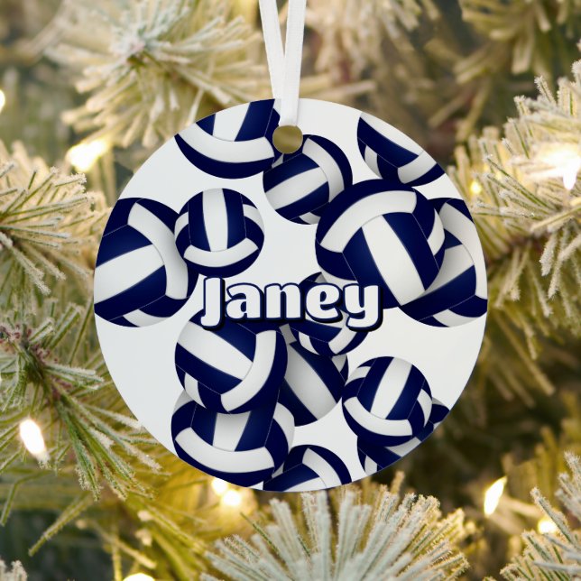 navy blue white volleyballs athlete name keepsake metal ornament (Insitu)