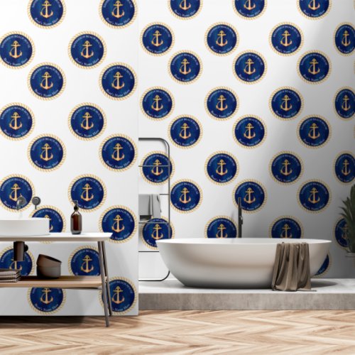 Navy Blue White w Yellow Boat Anchor Monogram Wallpaper