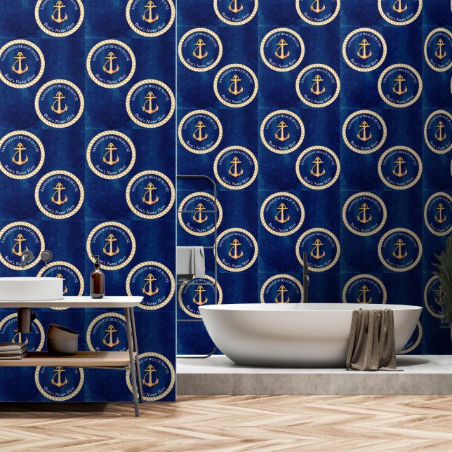 Navy Blue White w/ Yellow Boat Anchor Monogram Wallpaper (Bathroom)