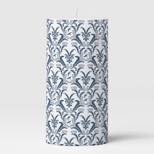 NAVY BLUE & WHITE WATERCOLOR DAMASK PATTERN PILLAR CANDLE (Front)