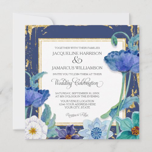 Navy Blue White Watercolor Floral Art w Gold Frame Invitation