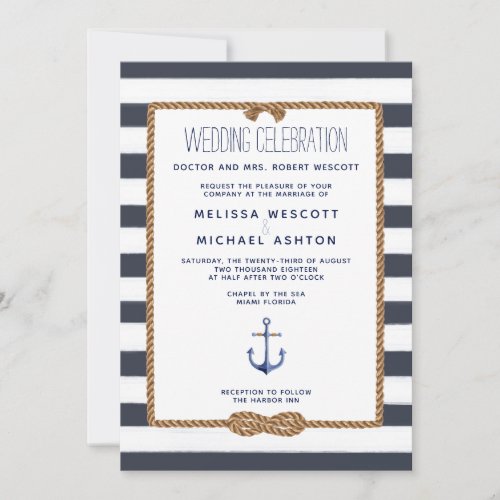 Navy Blue  White Watercolor Nautical Knot Wedding Invitation