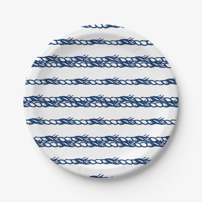 Navy Blue white waves nautical rope party Paper Plates (Front)