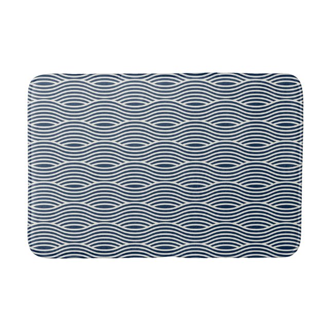 Navy Blue & White Wavy Pattern Bath Mat (Front)