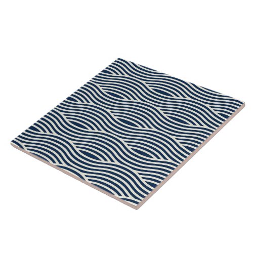 Navy Blue  White Wavy Pattern Ceramic Tile