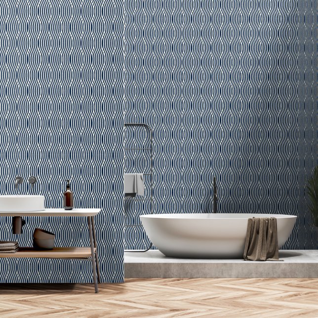 Navy Blue & White Wavy Pattern Wallpaper (Bathroom)