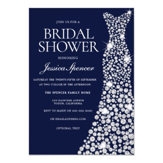 Navy Blue White Wedding Dress Bridal Shower Invite