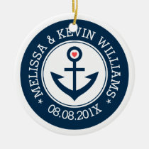 Navy-Blue &amp; White Wedding Nautical Boat Anchor Ceramic Ornament