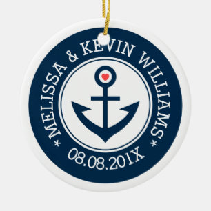Navy-Blue & White Wedding Nautical Boat Anchor Ceramic Ornament