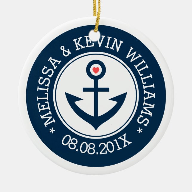 Navy-Blue & White Wedding Nautical Boat Anchor Ceramic Ornament (Front)