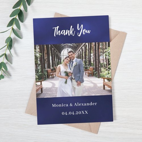 Navy blue white wedding photo thank you card