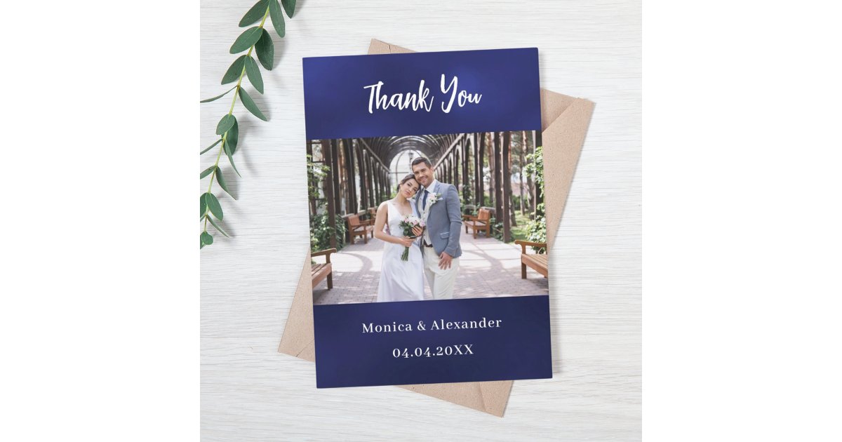 Navy blue white wedding photo thank you card | Zazzle