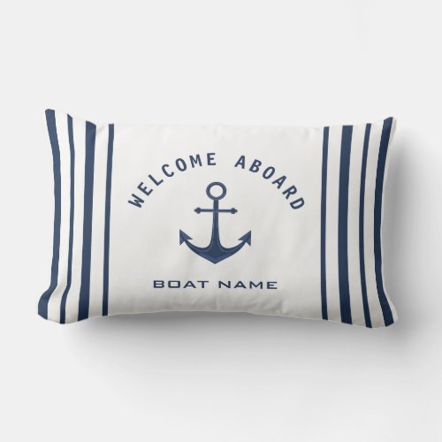 Navy Blue White Welcome Aboard Boat Name Anchor Lumbar Pillow