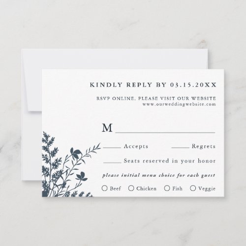 Navy Blue  White Wildflower Wedding Meal Choice RSVP Card