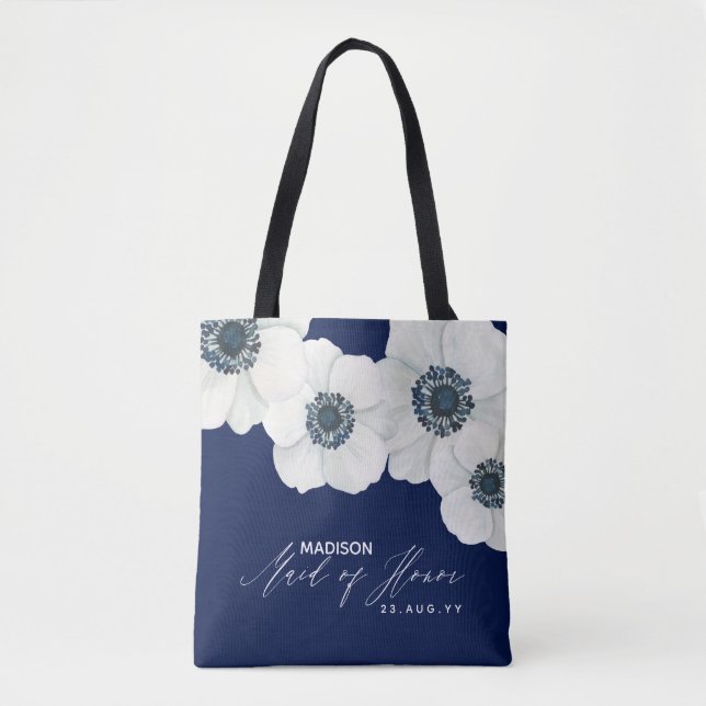Navy Blue & White Windflower Maid of Honor Tote Bag (Front)