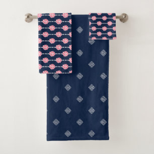NAVY BLUE  & WHITE WITH PINK FLOWERS BATH TOWEL SET