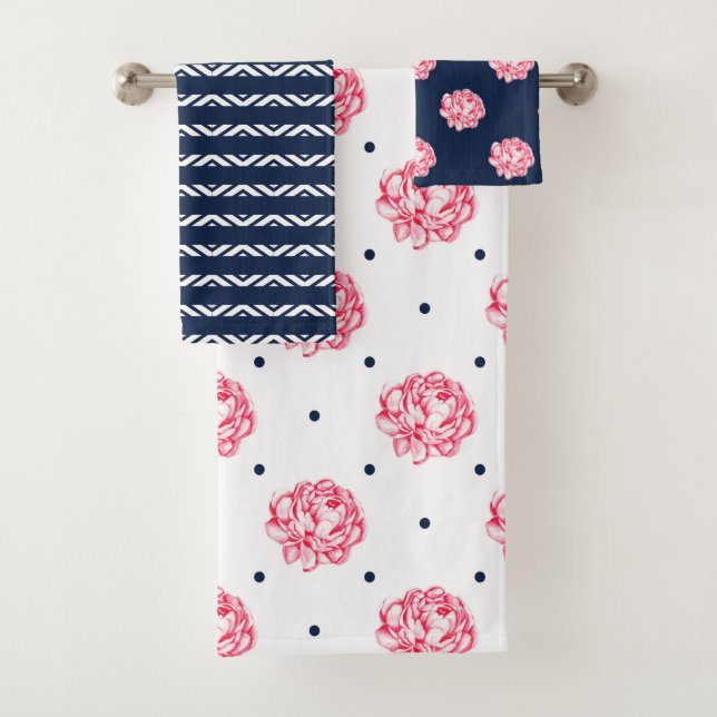 NAVY BLUE  & WHITE WITH PINK FLOWERS BATH TOWEL SET (Insitu)