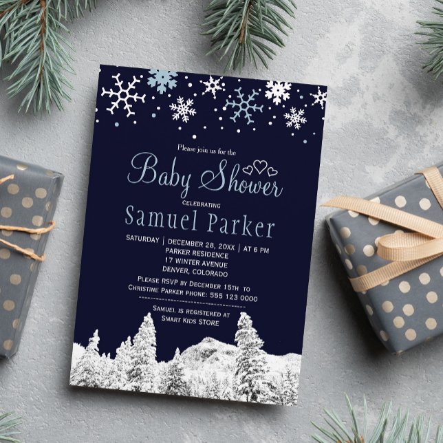 Navy blue white wonderland winter baby shower invitation (Creator Uploaded)
